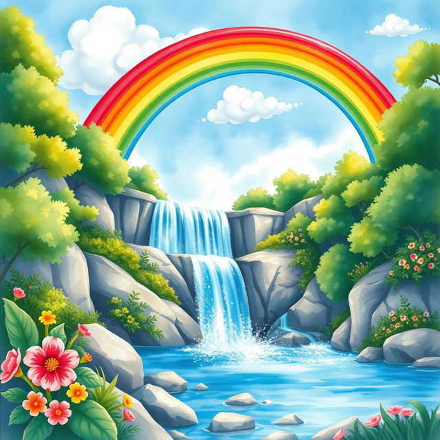 A vibrant watercolor illustration of a rainbow arching gracefully over a majestic waterfall