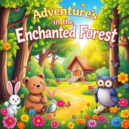 A bright and colorful illustration for a children's storybook cover, featuring a whimsical forest scene with a variety of friendly animals like a cheerful bear, a playful rabbit, and a wise old owl