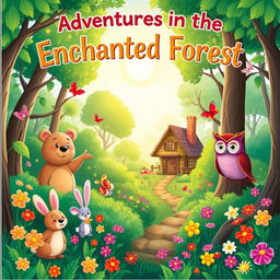 A bright and colorful illustration for a children's storybook cover, featuring a whimsical forest scene with a variety of friendly animals like a cheerful bear, a playful rabbit, and a wise old owl