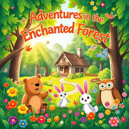 A bright and colorful illustration for a children's storybook cover, featuring a whimsical forest scene with a variety of friendly animals like a cheerful bear, a playful rabbit, and a wise old owl