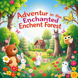 A bright and colorful illustration for a children's storybook cover, featuring a whimsical forest scene with a variety of friendly animals like a cheerful bear, a playful rabbit, and a wise old owl