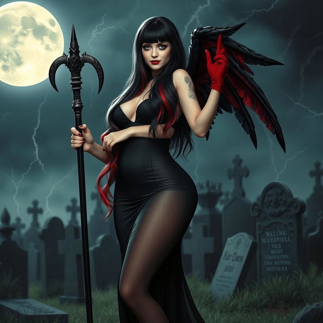 A beautiful, curvy, sexy girl with very long black, red, and silver hair stands confidently in a graveyard at night