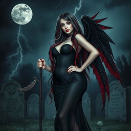 A beautiful, curvy, sexy girl with very long black, red, and silver hair stands confidently in a graveyard at night