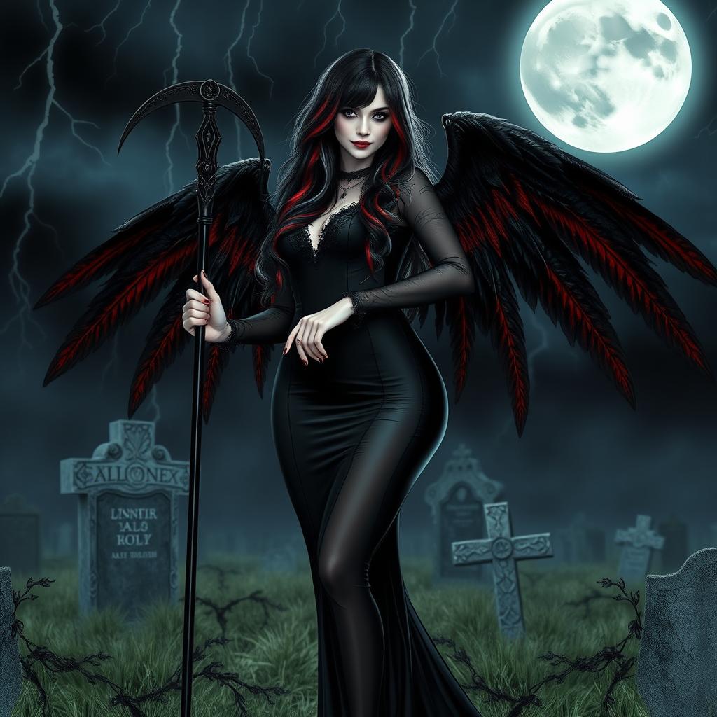 A beautiful, curvy, sexy girl with very long black, red, and silver hair stands confidently in a graveyard at night