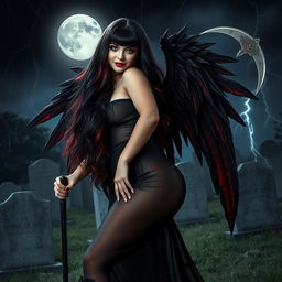 A beautiful, curvy, sexy girl with very long black, red, and silver hair stands confidently in a graveyard at night