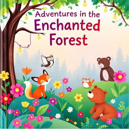 A whimsical children's storybook cover featuring a colorful, enchanted forest filled with playful animals like a curious fox, a wise owl, and a friendly bear