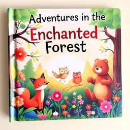 A whimsical children's storybook cover featuring a colorful, enchanted forest filled with playful animals like a curious fox, a wise owl, and a friendly bear