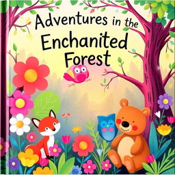 A whimsical children's storybook cover featuring a colorful, enchanted forest filled with playful animals like a curious fox, a wise owl, and a friendly bear