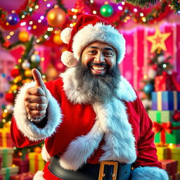 A vibrant and festive scene featuring DJ Khaled dressed in a traditional Santa outfit, complete with a red and white Santa hat, a fluffy white beard, and a joyful expression