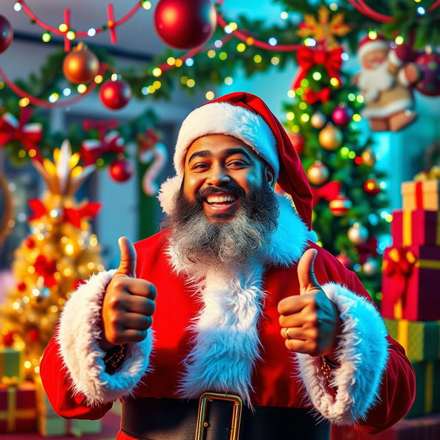 A vibrant and festive scene featuring DJ Khaled dressed in a traditional Santa outfit, complete with a red and white Santa hat, a fluffy white beard, and a joyful expression