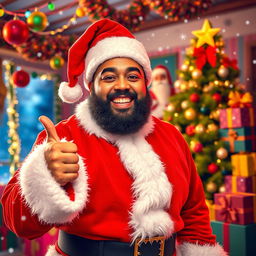 A vibrant and festive scene featuring DJ Khaled dressed in a traditional Santa outfit, complete with a red and white Santa hat, a fluffy white beard, and a joyful expression