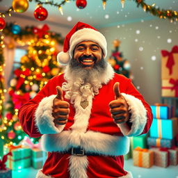 A vibrant and festive scene featuring DJ Khaled dressed in a traditional Santa outfit, complete with a red and white Santa hat, a fluffy white beard, and a joyful expression