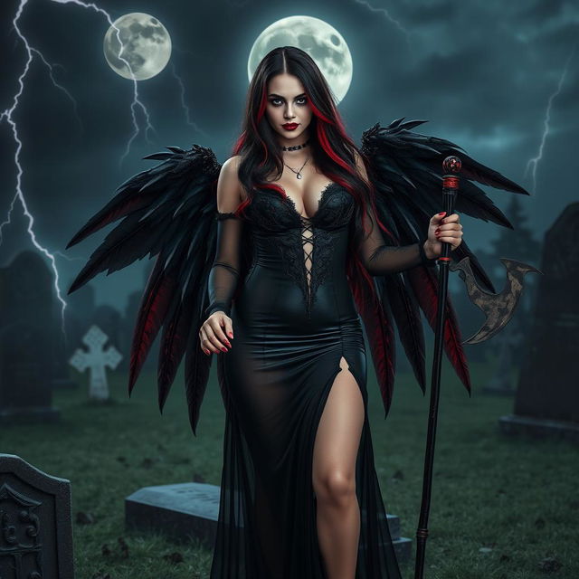 A beautiful, curvy, sexy girl with very long black, red, and silver hair and a sweet, soft, innocent face enhanced by dark gothic makeup stands in a graveyard at night