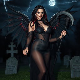 A beautiful, curvy, sexy girl with very long black, red, and silver hair and a sweet, soft, innocent face enhanced by dark gothic makeup stands in a graveyard at night