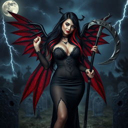 A beautiful, curvy, sexy girl with very long black, red, and silver hair and a sweet, soft, innocent face enhanced by dark gothic makeup stands in a graveyard at night