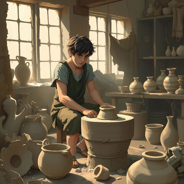 On the outskirts of a small bustling city, depict a young potter named Theo in his workshop