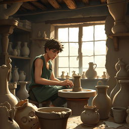 On the outskirts of a small bustling city, depict a young potter named Theo in his workshop
