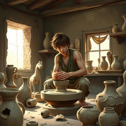On the outskirts of a small bustling city, depict a young potter named Theo in his workshop