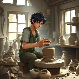 On the outskirts of a small bustling city, depict a young potter named Theo in his workshop