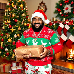 A cheerful DJ Khaled dressed in a festive Christmas outfit, complete with a colorful Santa hat, a bright red and green sweater adorned with snowflakes and reindeer, and stylish holiday-themed pants