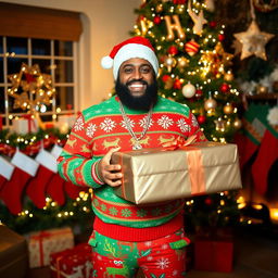 A cheerful DJ Khaled dressed in a festive Christmas outfit, complete with a colorful Santa hat, a bright red and green sweater adorned with snowflakes and reindeer, and stylish holiday-themed pants