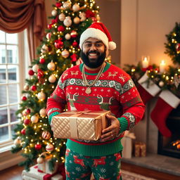 A cheerful DJ Khaled dressed in a festive Christmas outfit, complete with a colorful Santa hat, a bright red and green sweater adorned with snowflakes and reindeer, and stylish holiday-themed pants