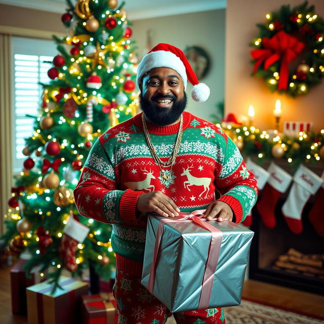 A cheerful DJ Khaled dressed in a festive Christmas outfit, complete with a colorful Santa hat, a bright red and green sweater adorned with snowflakes and reindeer, and stylish holiday-themed pants