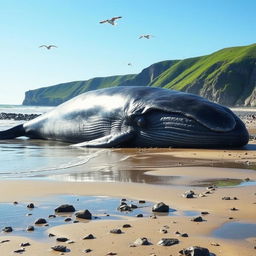A colossal beached whale resting on a sandy shore, its massive body glistening in the sunlight