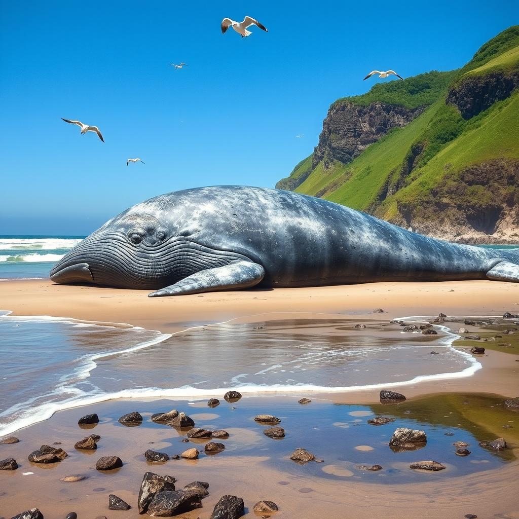 A colossal beached whale resting on a sandy shore, its massive body glistening in the sunlight