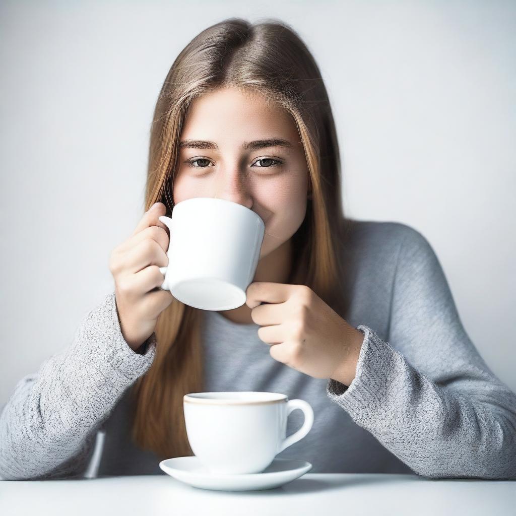 Generate a high-quality, real-life photograph of a teenager eating from a white cup placed on a white table