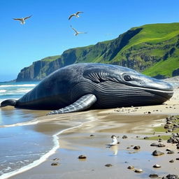 A colossal beached whale resting on a sandy shore, its massive body glistening in the sunlight
