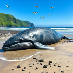 A colossal beached whale resting on a sandy shore, its massive body glistening in the sunlight