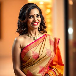 A glamorous and attractive mature woman wearing a beautifully draped saree, exuding confidence and elegance
