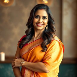 A glamorous and attractive mature woman wearing a beautifully draped saree, exuding confidence and elegance