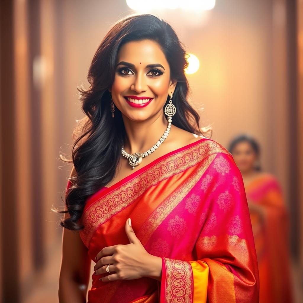 A glamorous and attractive mature woman wearing a beautifully draped saree, exuding confidence and elegance