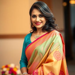 A glamorous and attractive mature woman wearing a beautifully draped saree, exuding confidence and elegance