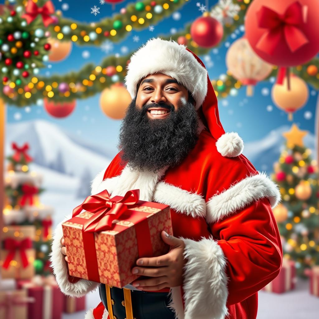 A humorous scene featuring DJ Khaled dressed in a festive Santa Claus costume, standing in a vibrant holiday setting filled with colorful decorations, twinkling lights, and Christmas trees