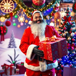 A humorous scene featuring DJ Khaled dressed in a festive Santa Claus costume, standing in a vibrant holiday setting filled with colorful decorations, twinkling lights, and Christmas trees
