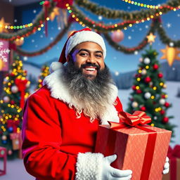 A humorous scene featuring DJ Khaled dressed in a festive Santa Claus costume, standing in a vibrant holiday setting filled with colorful decorations, twinkling lights, and Christmas trees