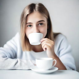 Generate a high-quality, real-life photograph of a teenager eating from a white cup placed on a white table