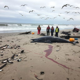 A dramatic aftermath scene of a beach showing the debris and damage from a whale stranding incident