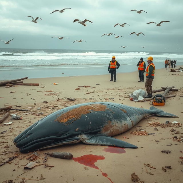 A dramatic aftermath scene of a beach showing the debris and damage from a whale stranding incident