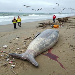 A dramatic aftermath scene of a beach showing the debris and damage from a whale stranding incident