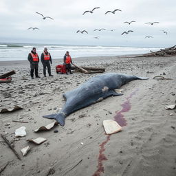 A dramatic aftermath scene of a beach showing the debris and damage from a whale stranding incident