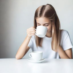 Generate a high-quality, real-life photograph of a teenager eating from a white cup placed on a white table