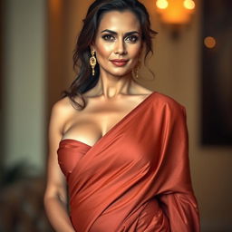 A hot mature woman wearing an elegant saree that accentuates her curves, showcasing slight cleavage and visibly curvy hips