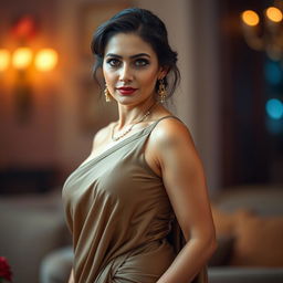 A hot mature woman wearing an elegant saree that accentuates her curves, showcasing slight cleavage and visibly curvy hips