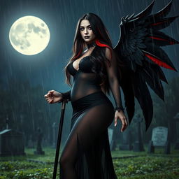 A beautiful, curvy, sexy girl with very long black, red, and silver hair stands in a graveyard at night, her sweet, soft, innocent face enhanced by dark gothic makeup