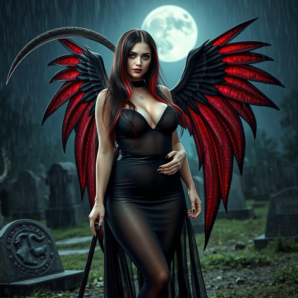 A beautiful, curvy, sexy girl with very long black, red, and silver hair stands in a graveyard at night, her sweet, soft, innocent face enhanced by dark gothic makeup