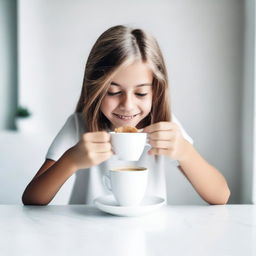 Generate a high-quality, real-life photograph of a teenager eating from a white cup placed on a white table